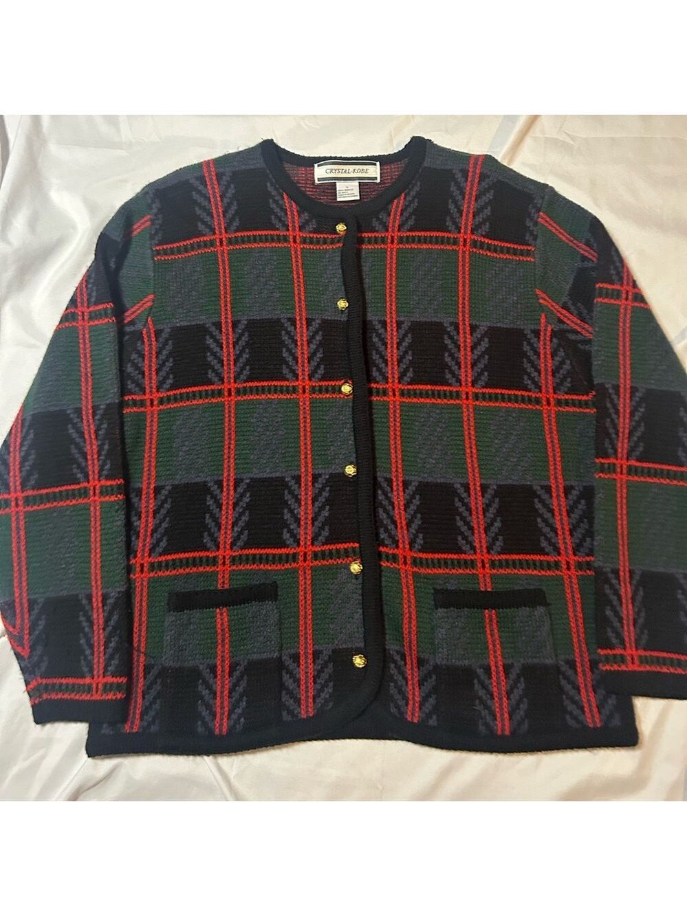 Vintage Crystal-Kobe  Sweater Women’s Cardigan Sz L Green Black Cottagecore 90s